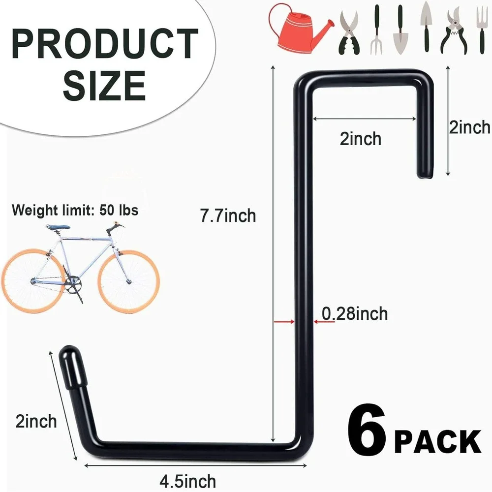 6 Pack Heavy Duty Steel Garage Storage J-Hooks 50lb Capacity Black Rubber Coated